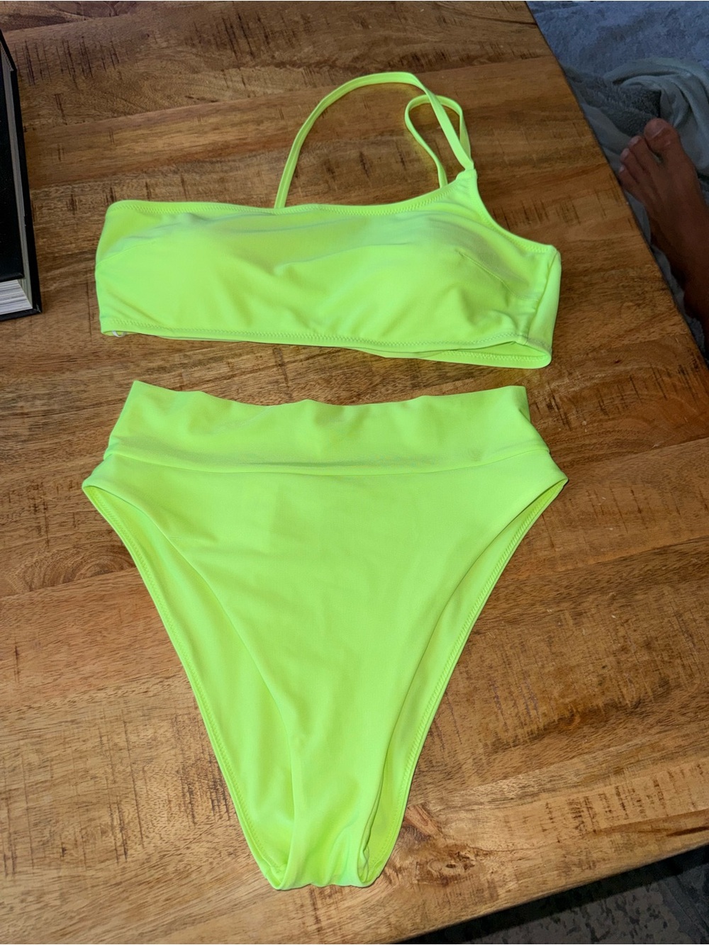 Aerie Neon Lime One-Shoulder Bandeau Bikini Set